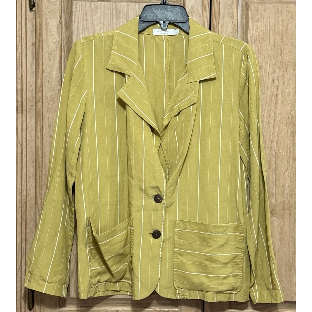 ModoDoc Pinstripe Blazer Jacket Women's Size XS Long Sleeve Yellow Green Pockets